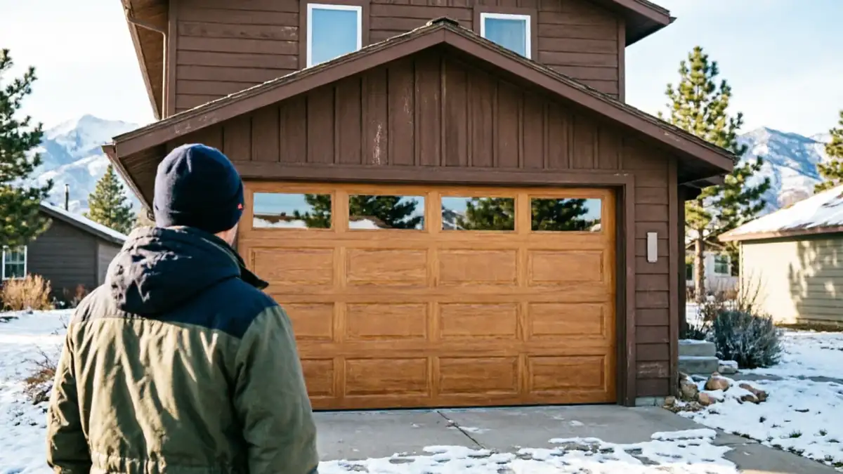 A technician stands facing a brown house with a wooden garage door in winter.