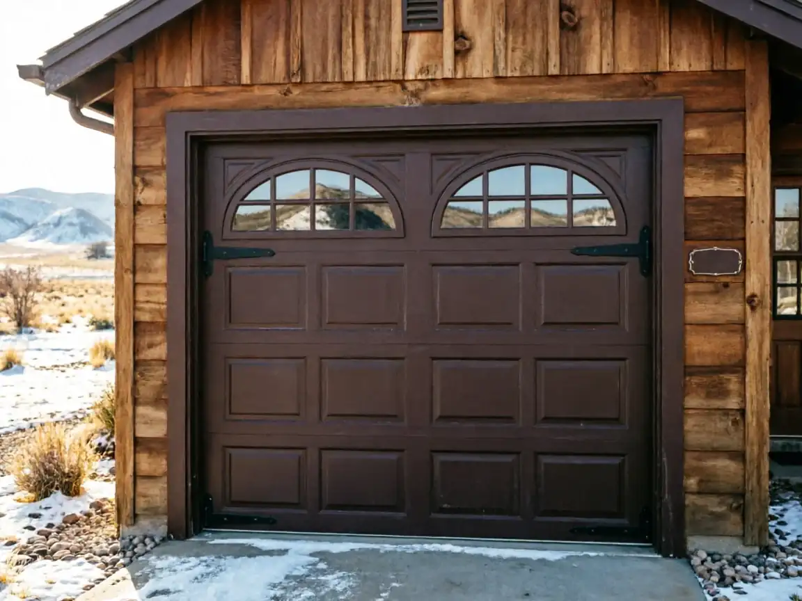 A brown garage door with arched windows is on a wooden building.