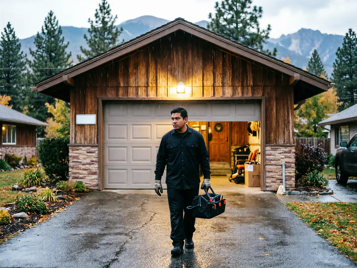 A technician walks away from a garage with an open door, carrying a tool bag.
