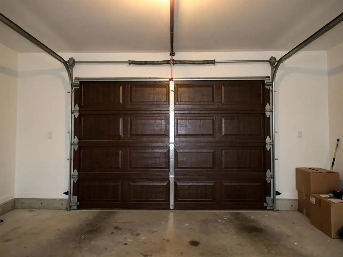 The dark brown garage door is closed, with a torsion spring above it.