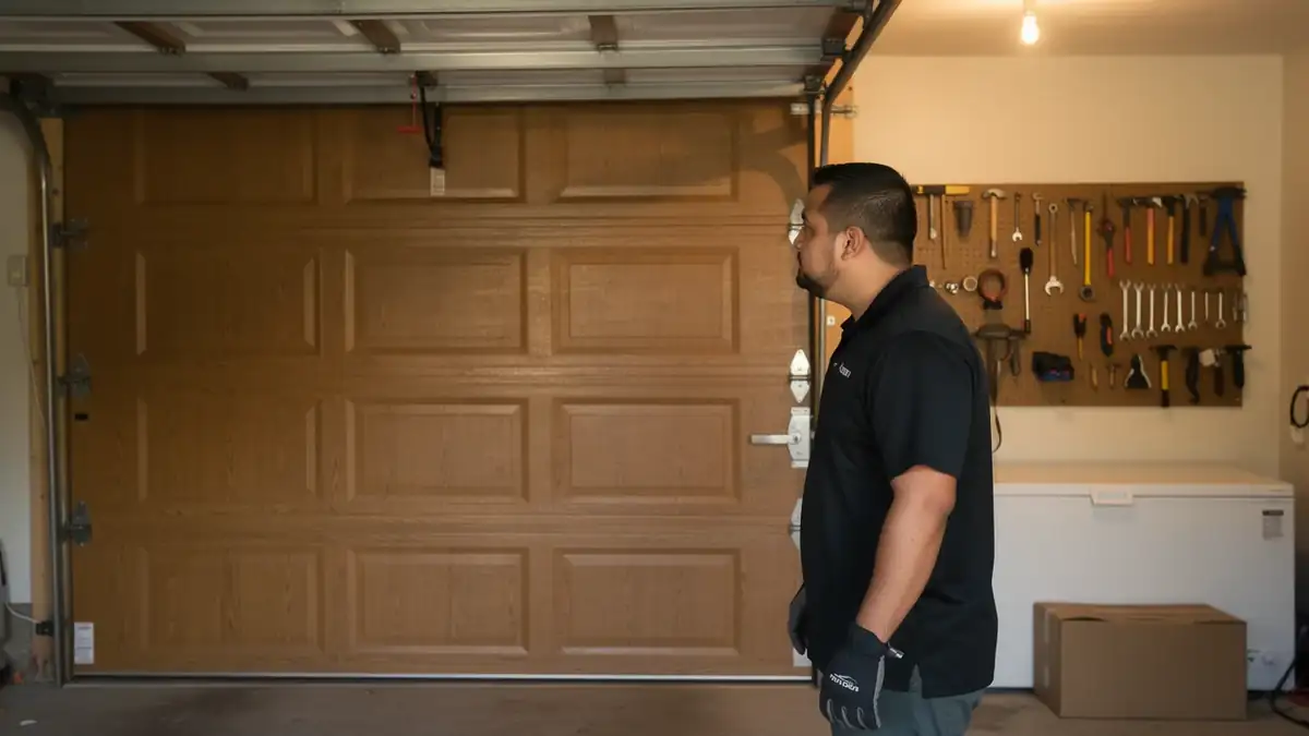 A technician stands in a garage looking at a closed brown garage door.