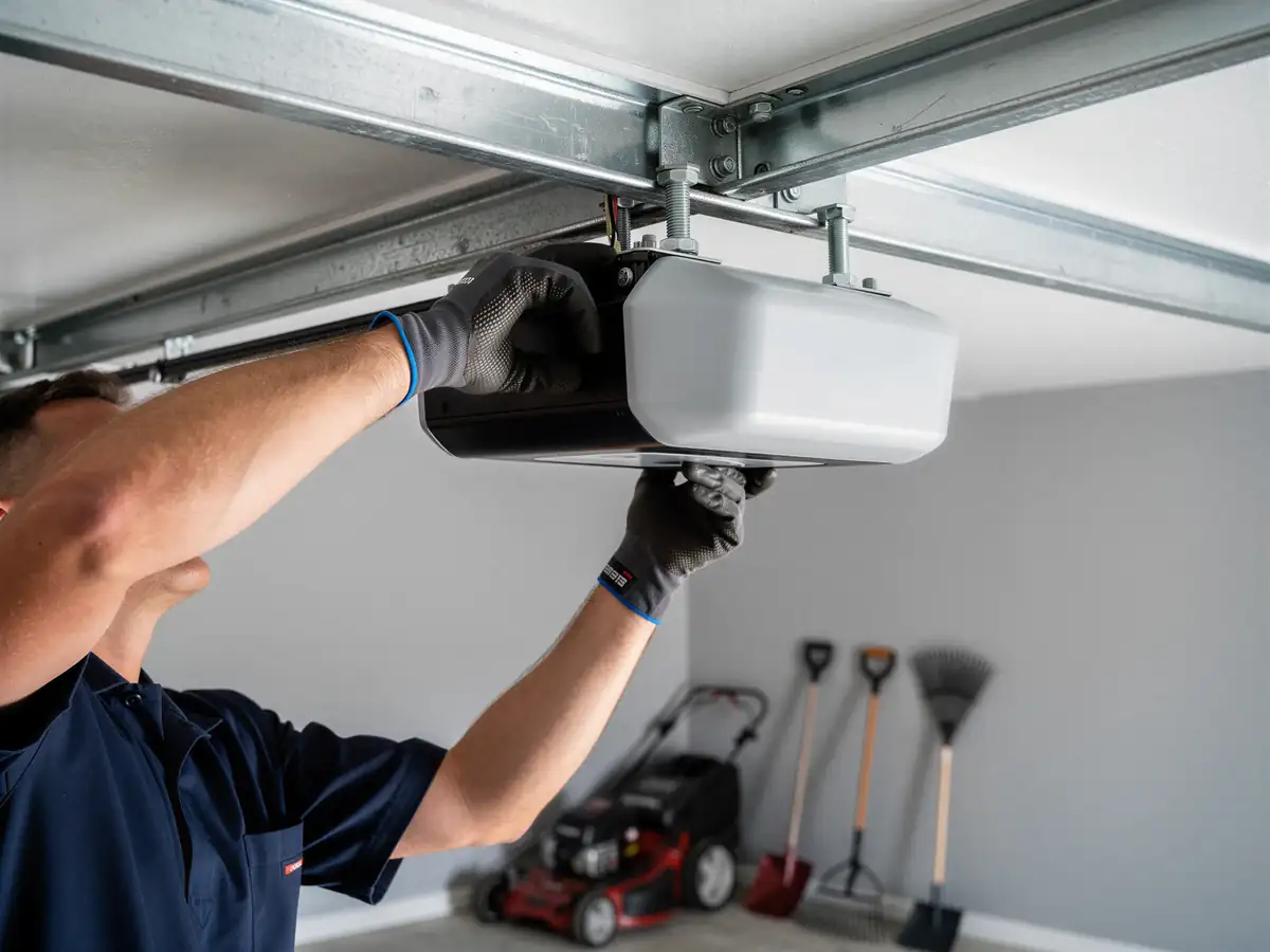 A technician in gloves installs a new garage door opener on the ceiling.